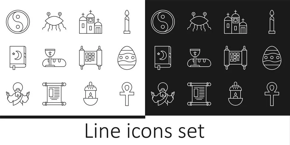 Set line Cross ankh, Easter egg, Church building, First communion symbols, Holy Stock Illustration