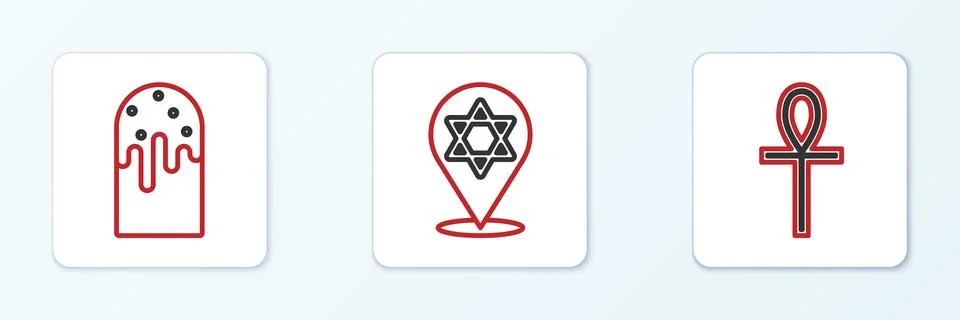 Set line Cross ankh, Easter cake and Star of David icon. Vector Stock Illustration