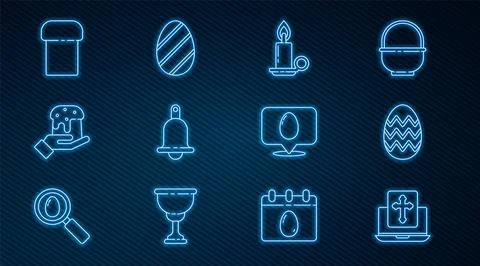 Set line Cross on the laptop screen, Easter egg, Burning candle in candlest.. Stock Illustration
