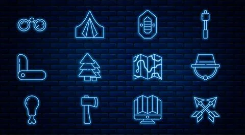 Set line Crossed arrows, Camping hat, Rafting boat, Tree, Swiss army knife,.. Stock Illustration