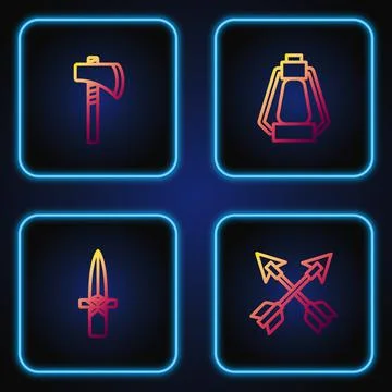 Set line Crossed arrows, Dagger, Tomahawk axe and Camping lantern. Gradient 스톡 일러스트
