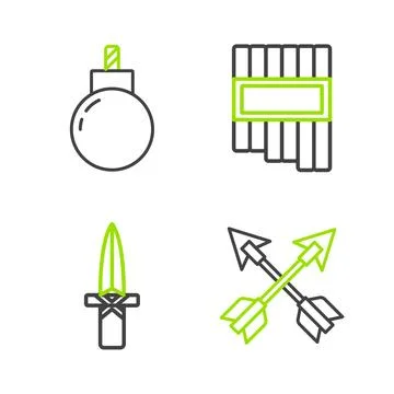 Set line Crossed arrows, Dagger, Pan flute and Bomb ready to explode icon Illustrazione stock