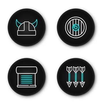 Set line Crossed arrows, Decree, parchment, scroll, Round wooden shield and.. Illustrazione stock
