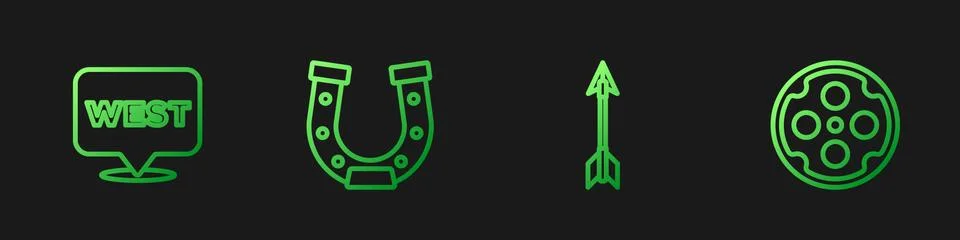 Set line Crossed arrows, Pointer to wild west, Horseshoe and Revolver cylinder Illustrazione stock