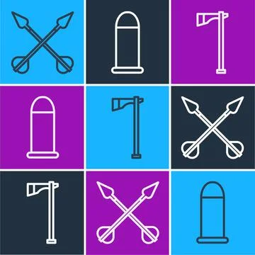 Set line Crossed arrows, Tomahawk axe and Bullet icon. Vector Stock Illustration
