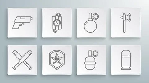 Set line Crossed baseball bat, dynamite stick and timer clock, Police badge Stock Illustration