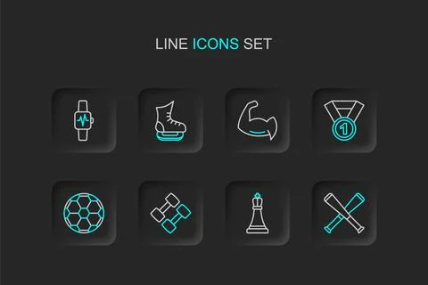 Set line Crossed baseball bat, Chess, Dumbbell, Soccer football, Medal, Bod.. Ilustración de archivo