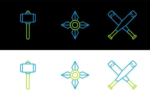 Set line Crossed baseball bat, Battle hammer and Japanese ninja shuriken ic.. Stock Illustration