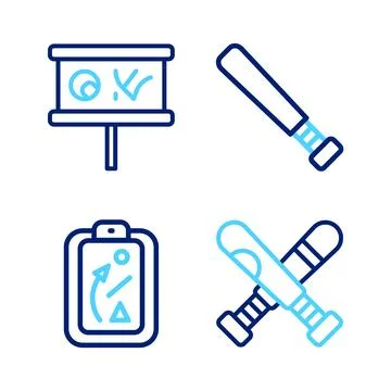 Set line Crossed baseball bat, Planning strategy, Baseball and  icon. Vector Stock Illustration