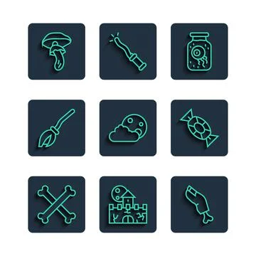 Set line Crossed bones, Castle, fortress, Zombie finger, Eye jar, Moon and stars Stock-Illustration