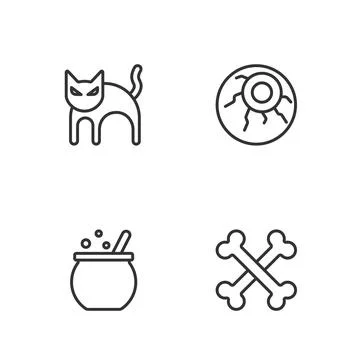 Set line Crossed bones, Halloween witch cauldron, Black cat and Eye icon. Vector Stock Illustration