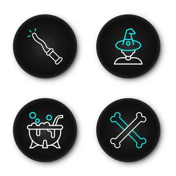 Set line Crossed bones, Halloween witch cauldron, Witch and Magic wand icon.. 스톡 일러스트