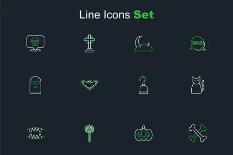 Set line Crossed bones Pumpkin Trident devil Vampire teeth Black cat Pirate h Illustrazione stock