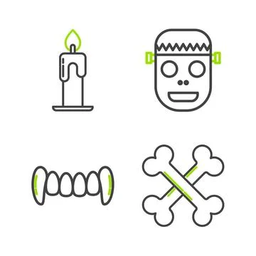 Set line Crossed bones, Vampire teeth, Zombie mask and Burning candle icon... Stock Illustration