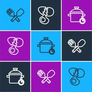 Set line Crossed fork and spoon, Cooking pot and Broken egg icon. Vector Stock Illustration