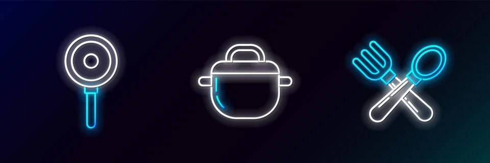 Set line Crossed fork and spoon, Frying pan and Cooking pot icon. Glowing n.. Stock Illustration