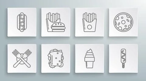 Set line Crossed fork, Burger and french fries in carton package box, Sandw.. 스톡 일러스트