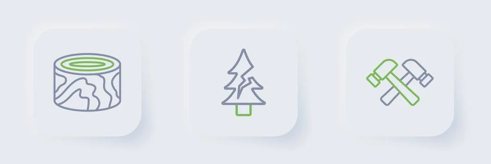 Set line Crossed hammer, Tree and Wooden logs icon. Vector Stock Illustration
