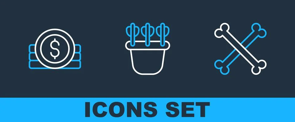 Set line Crossed human bones, Ancient coin and Quiver with arrows icon. Vector Stock Illustration