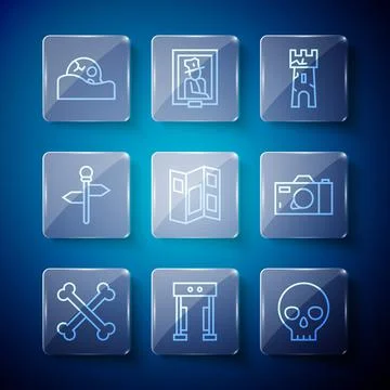 Set line Crossed human bones, Metal detector, Human skull, Castle tower, Mu.. Stock-Illustration
