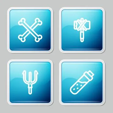 Set line Crossed human bones, Medieval axe, Neptune Trident and Bottle with.. Stock Illustration