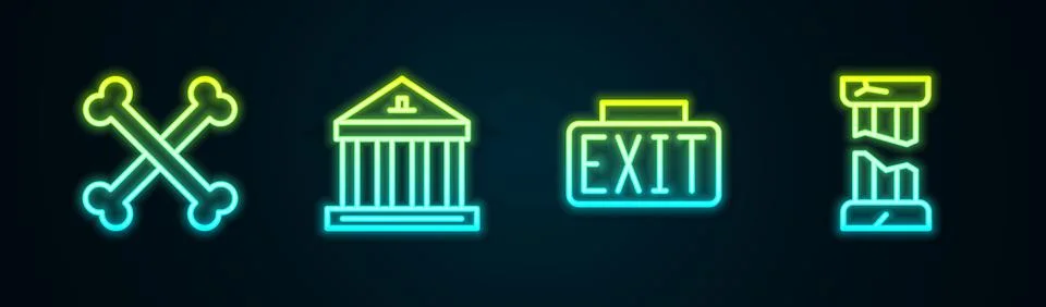 Set line Crossed human bones, Museum building, Exit sign and Broken ancient.. Ilustración de archivo