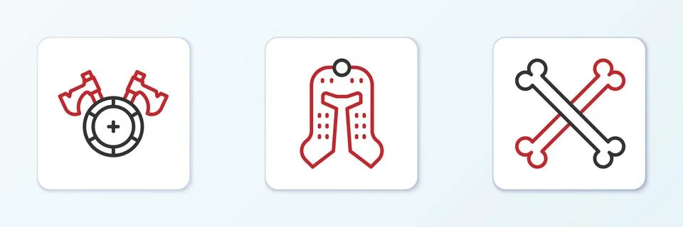 Set line Crossed human bones, Medieval shield with axe and helmet icon. Vecto 스톡 일러스트