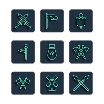 Set line Crossed medieval flag, Windmill, spears, Medieval, Old money bag, sword Stock Illustration