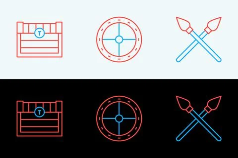 Set line Crossed medieval spears, Antique treasure chest and Round wooden s.. Stock Illustration