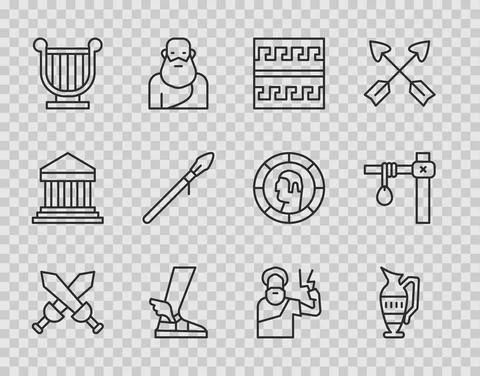 Set line Crossed medieval sword, Ancient amphorae, Greek pattern, Hermes sandal Stock Illustration