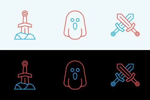 Set line Crossed medieval sword, Sword in the stone and Ghost icon. Vector Stock Illustration