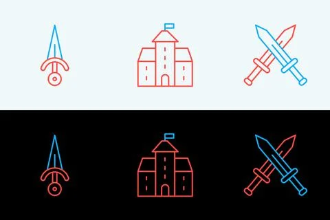Set line Crossed medieval sword, Dagger and Castle, fortress icon. Vector Stock Illustration