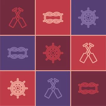 Set line Crossed oars or paddles boat, Ship steering wheel and Nautical rope Illustration