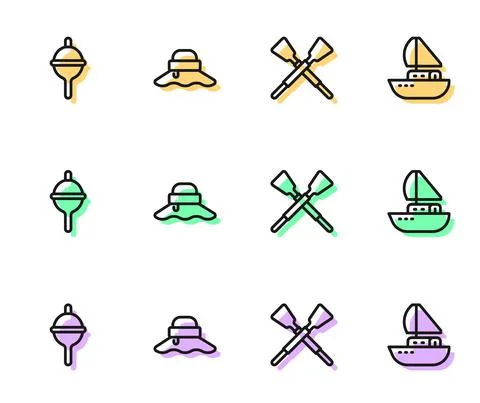 Set line Crossed oars or paddles boat, Fishing float, Fisherman hat and Yacht Stock Illustration