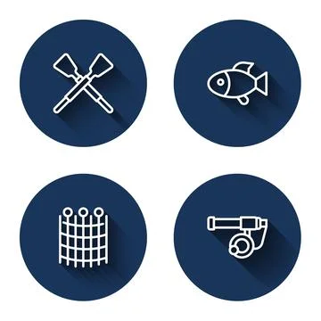 Set line Crossed oars or paddles boat, Fish, Fishing net pattern and rod with Stock Illustration