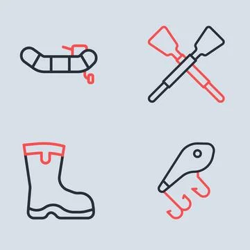 Set line Crossed oars or paddles boat, Fishing boots, lure and Inflatable w.. Stock Illustration