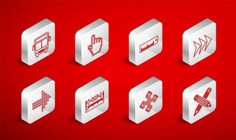 Set line Crossed pencil, Pixel hand cursor, Ruler, Arrow, arrows in four Stock Illustration