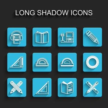 Set line Crossed pencil, Triangular ruler, Audio book, Open, and, Protractor Illustrazione stock