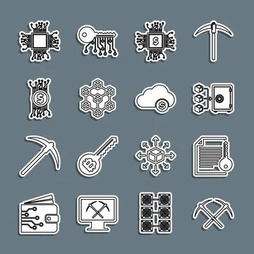 Set line Crossed pickaxe, Smart contract, Proof of stake, Processor chip with Stock Illustration