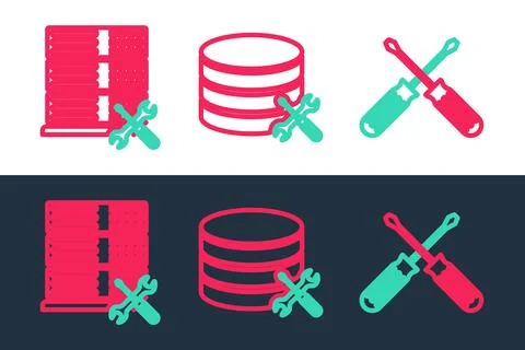 Set line Crossed screwdrivers, Database server service and icon. Vector Illustrazione stock