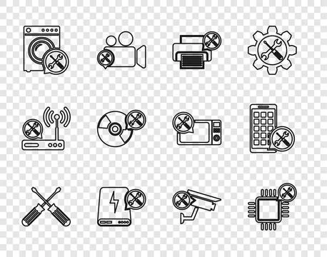 Set line Crossed screwdrivers, Processor service, Printer, Power bank, Washer Stock Illustration