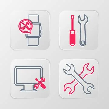 Set line Crossed wrenchs, Computer monitor service, Screwdriver and and Sma.. Stock Illustration