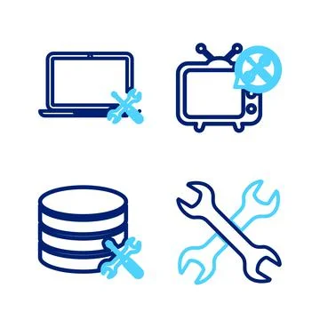 Set line Crossed wrenchs, Database server service, Tv and Laptop icon. Vector Stock-Illustration