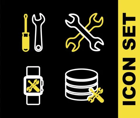 Set line Crossed wrenchs, Database server service, Smartwatch and Screwdriver Stockillustratie