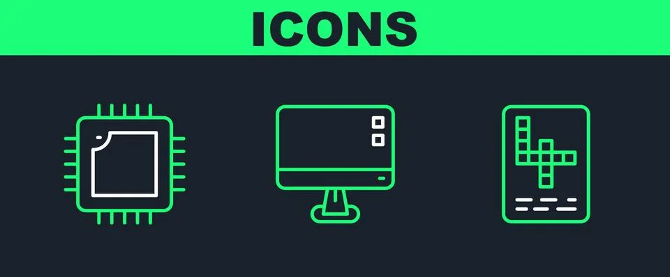 Set line Crossword, Processor with CPU and Computer monitor screen icon. Vect 库存插图