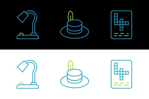 Set line Crossword, Table lamp and Man hat icon. Vector Stock Illustration