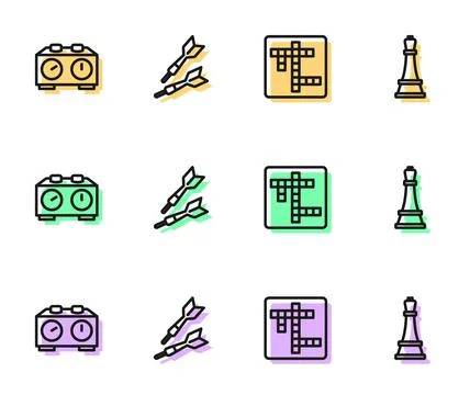 Set line Crossword, Time chess clock, Dart arrow and Chess icon. Vector Ilustración de archivo