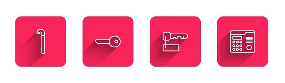 Set line Crowbar, Key, Marked key and House intercom system with long shadow Illustrazione stock