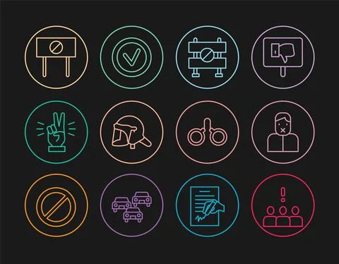 Set line Crowd protest, Censor and freedom of speech, Road barrier, Police Stock Illustration