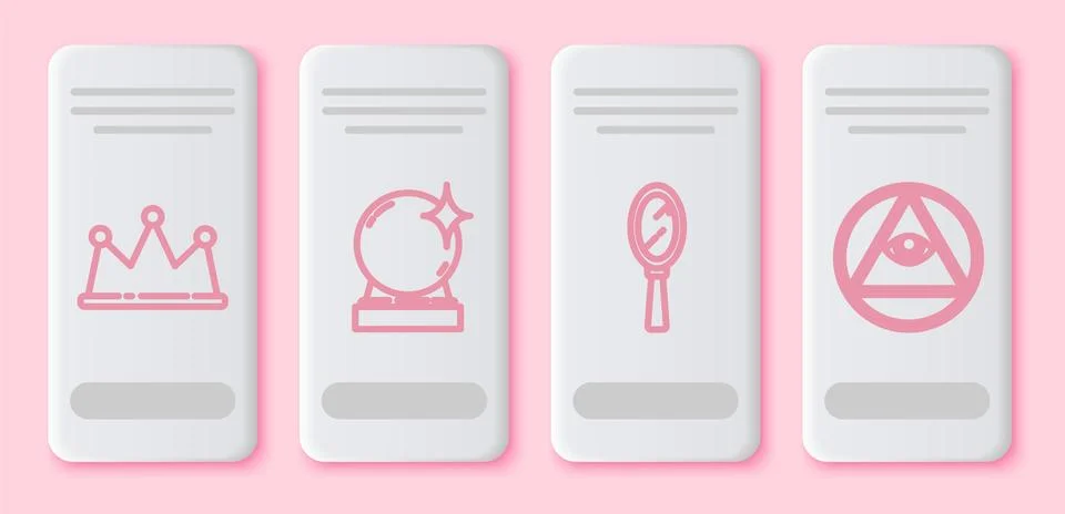 Set line Crown, Magic ball, Magic hand mirror and Masons. White rectangle button 스톡 일러스트